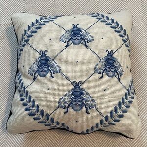 NWT Blue & White Bee Print Needlepoint Pillow